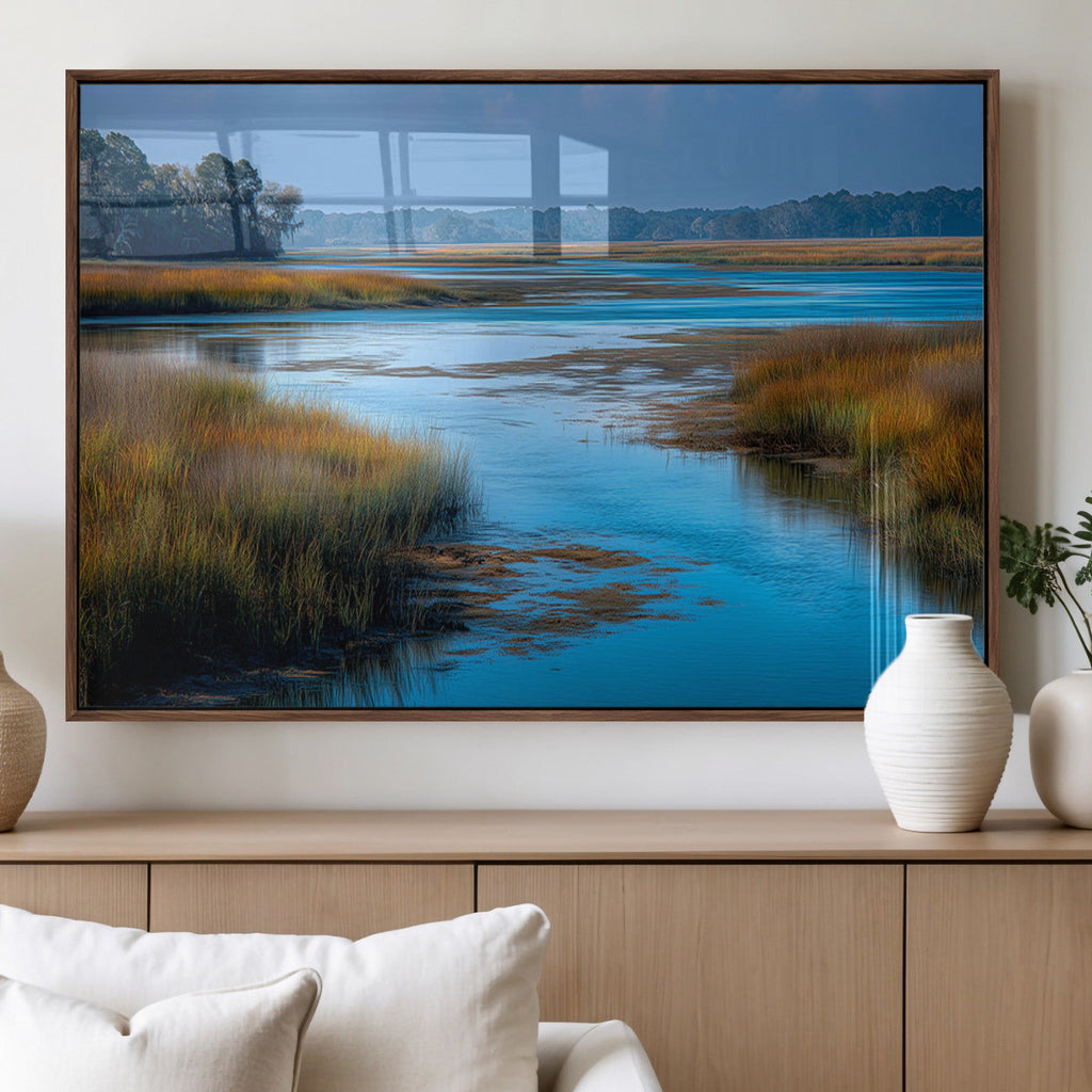 Tranquil Marshland Wall Art Canvas Print, Blue Water Reflecting Sky and Golden Grasses