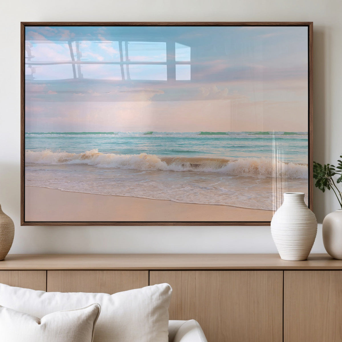 Serene Ocean Waves Wall Art Canvas Print, Pastel Sky Over a Soft Sand Beach