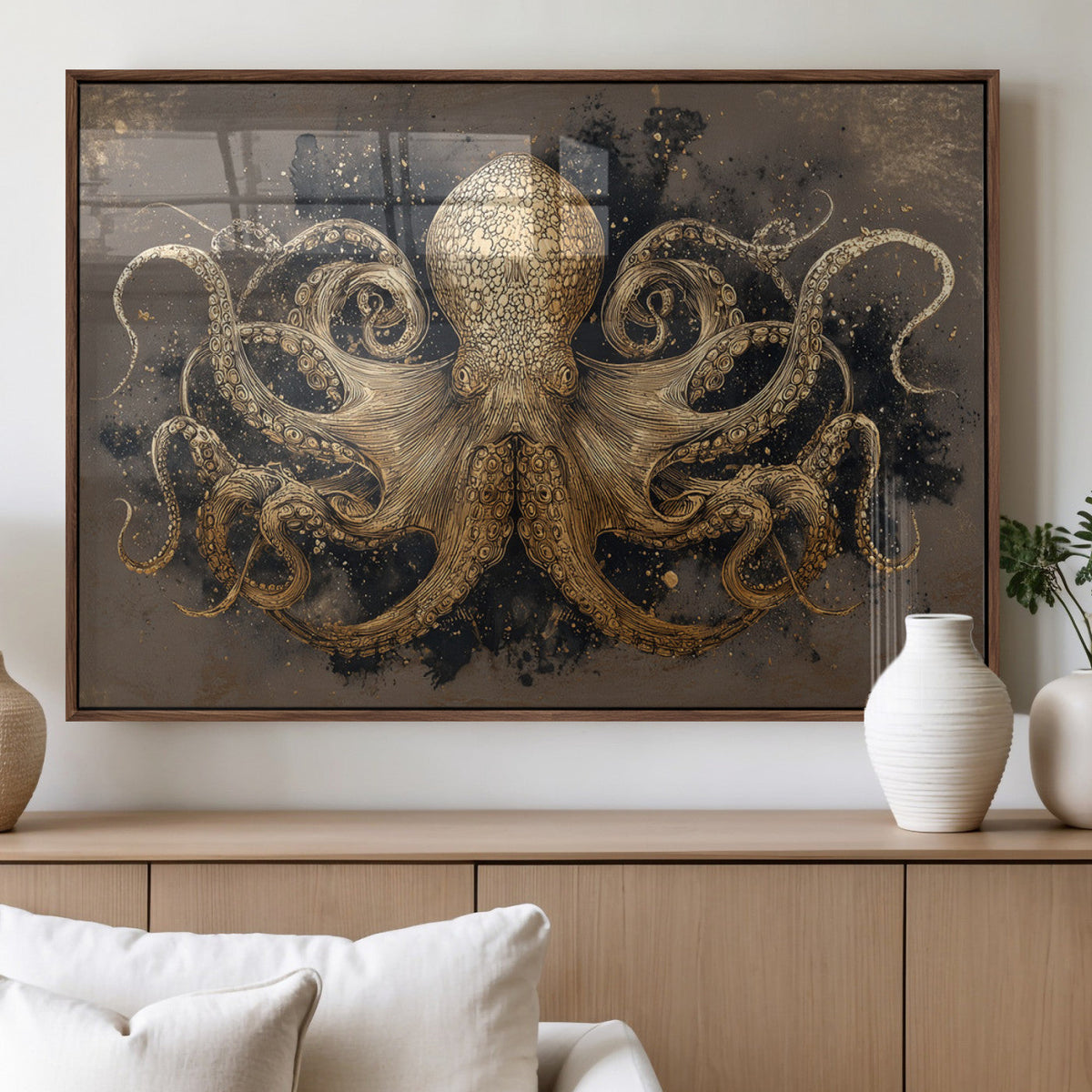 Octopus Wall Art Canvas Print, Black and Gold Detailed Tentacles Nautical Illustration