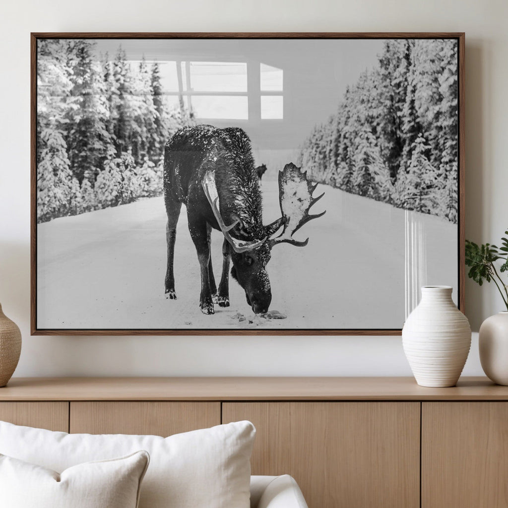 Moose Wall Art Canvas Print, Winter Moose with Antlers in a Snowy Forest