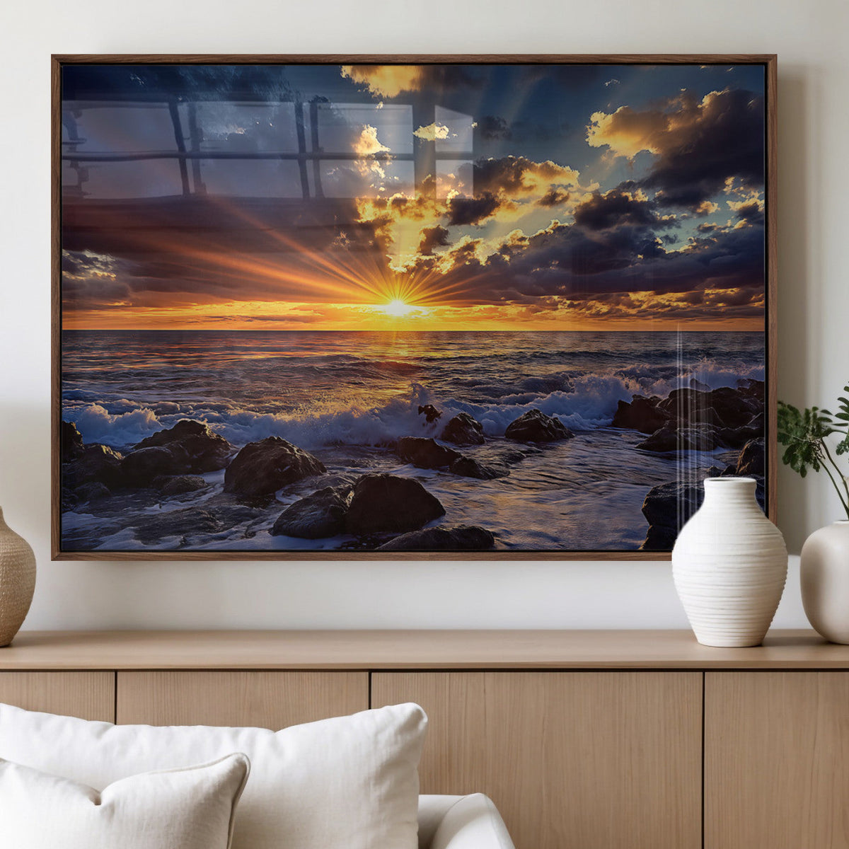 Sunset Ocean Wall Art Canvas Print, Waves on a Rocky Shore Under Dramatic Sky