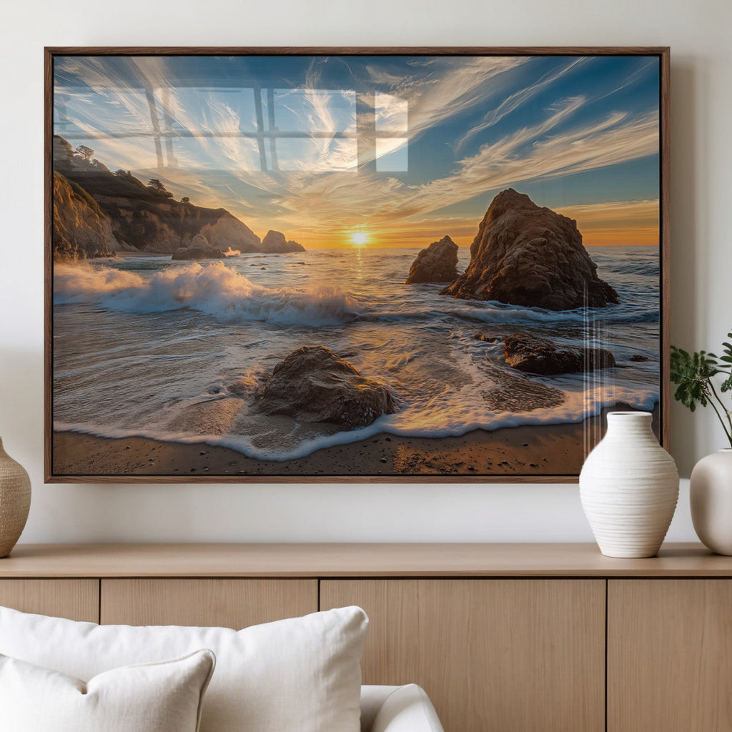 Rocky Ocean Sunset Wall Art Print, Seaside Canvas with Dramatic Seascape