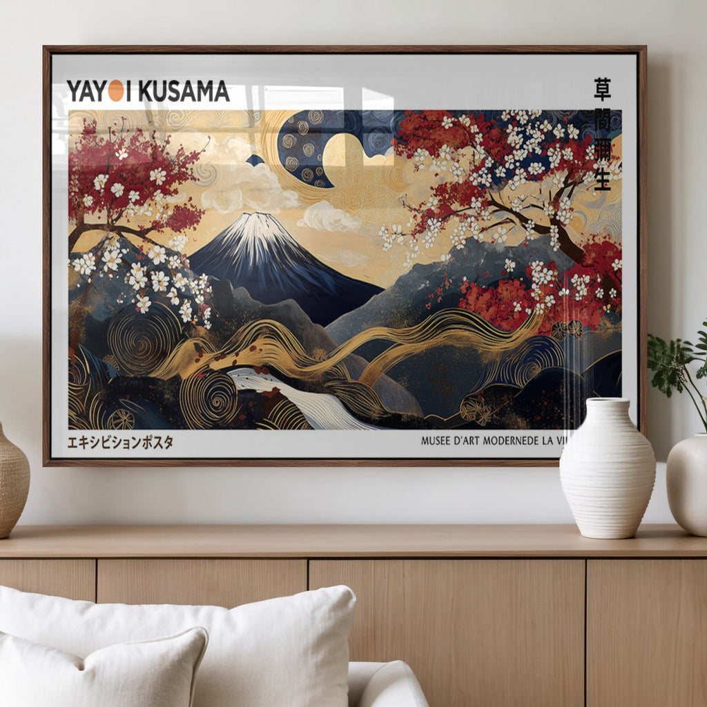 Yayoi Kusama Inspired Japanese Art Canvas Print, Floral Mt. Fuji Modern Asian Wall Decor