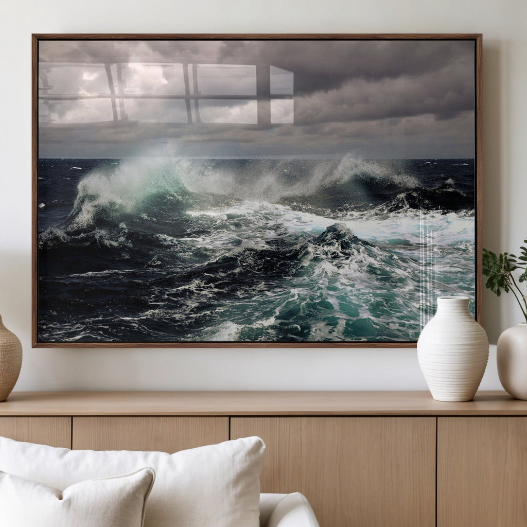 Stormy Ocean Waves Canvas Wall Art, Framed Turbulent Sea Nature Print