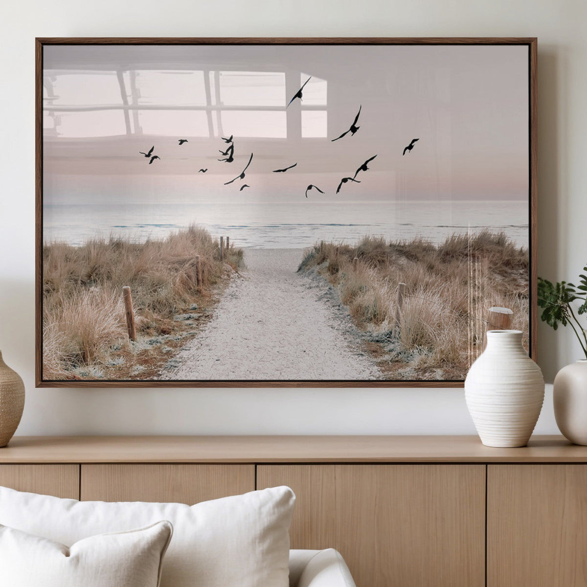 Coastal Pathway Canvas Wall Art Print, Framed Seaside Landscape with Beach and Birds