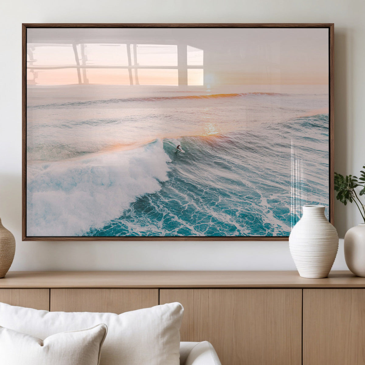 Sunset Surfing Wall Art Canvas Print, Ocean Wave Surfer with Golden Sky