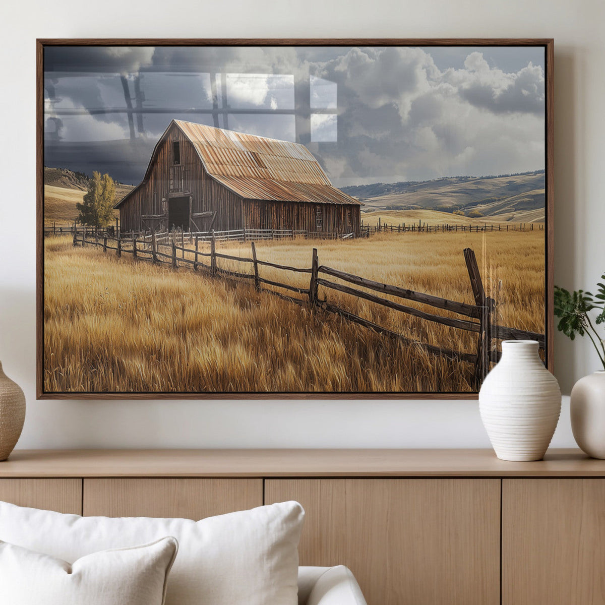 Golden Wheat Field Barn Canvas Print, Rustic Farm Landscape Under Dramatic Sky