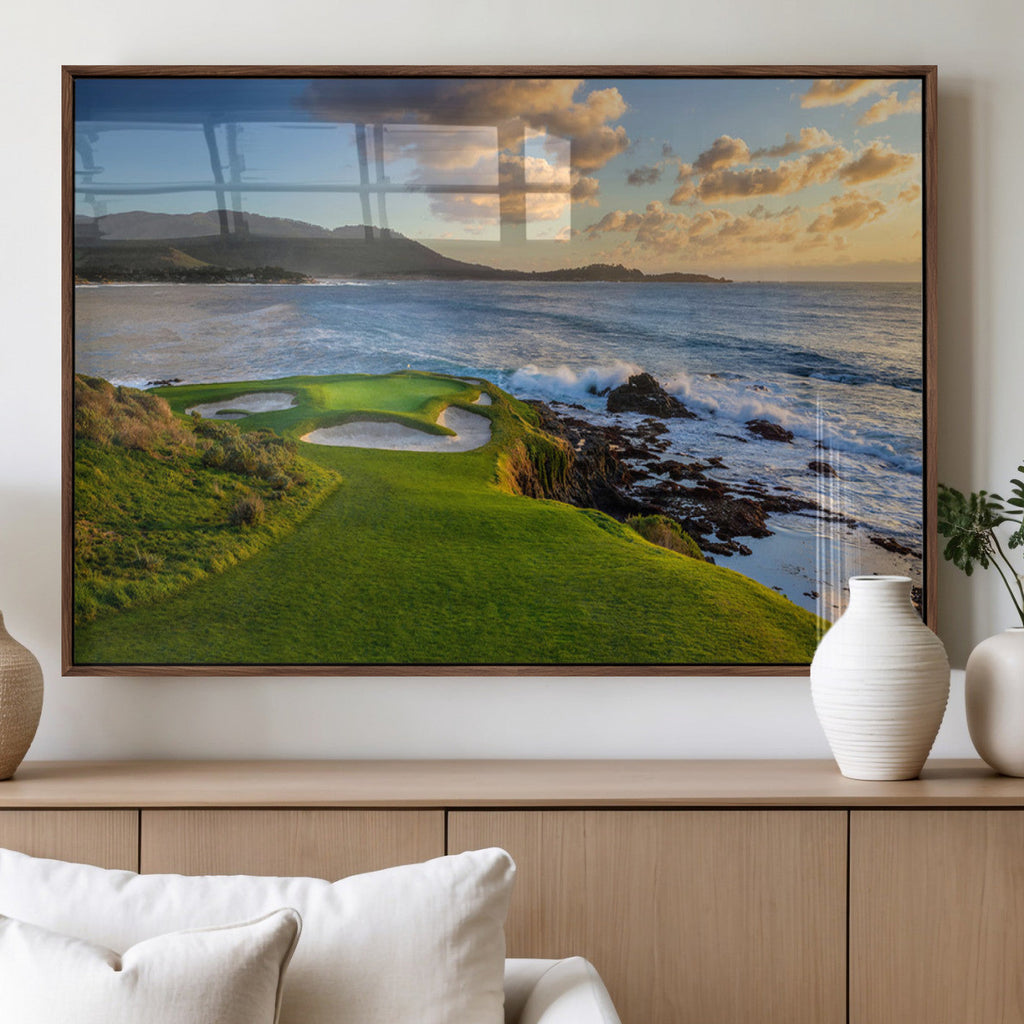 Coastal Golf Course Wall Art Canvas Print, Sunset with Rolling Green Fairways and Ocean Waves