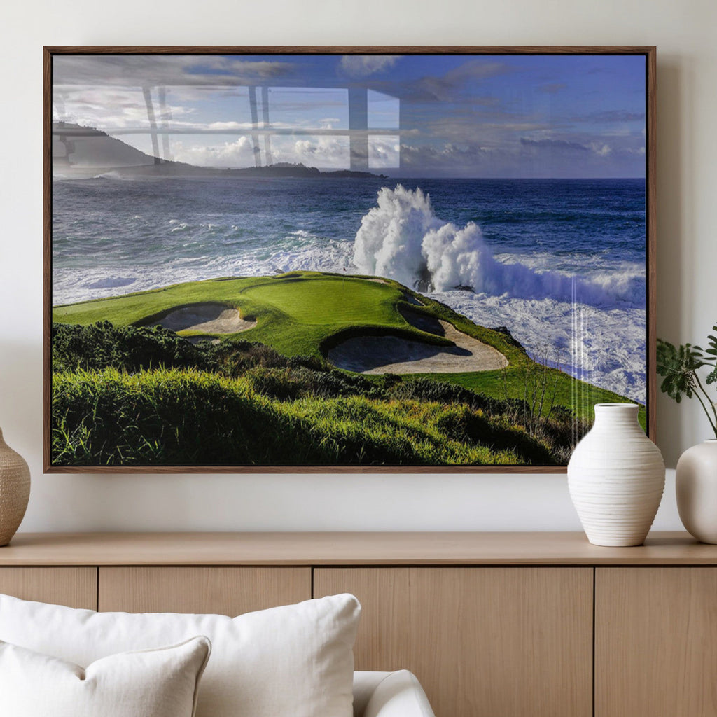 Ocean Waves Crashing Wall Art Canvas Print, Dramatic Rocky Coastline Near a Golf Course