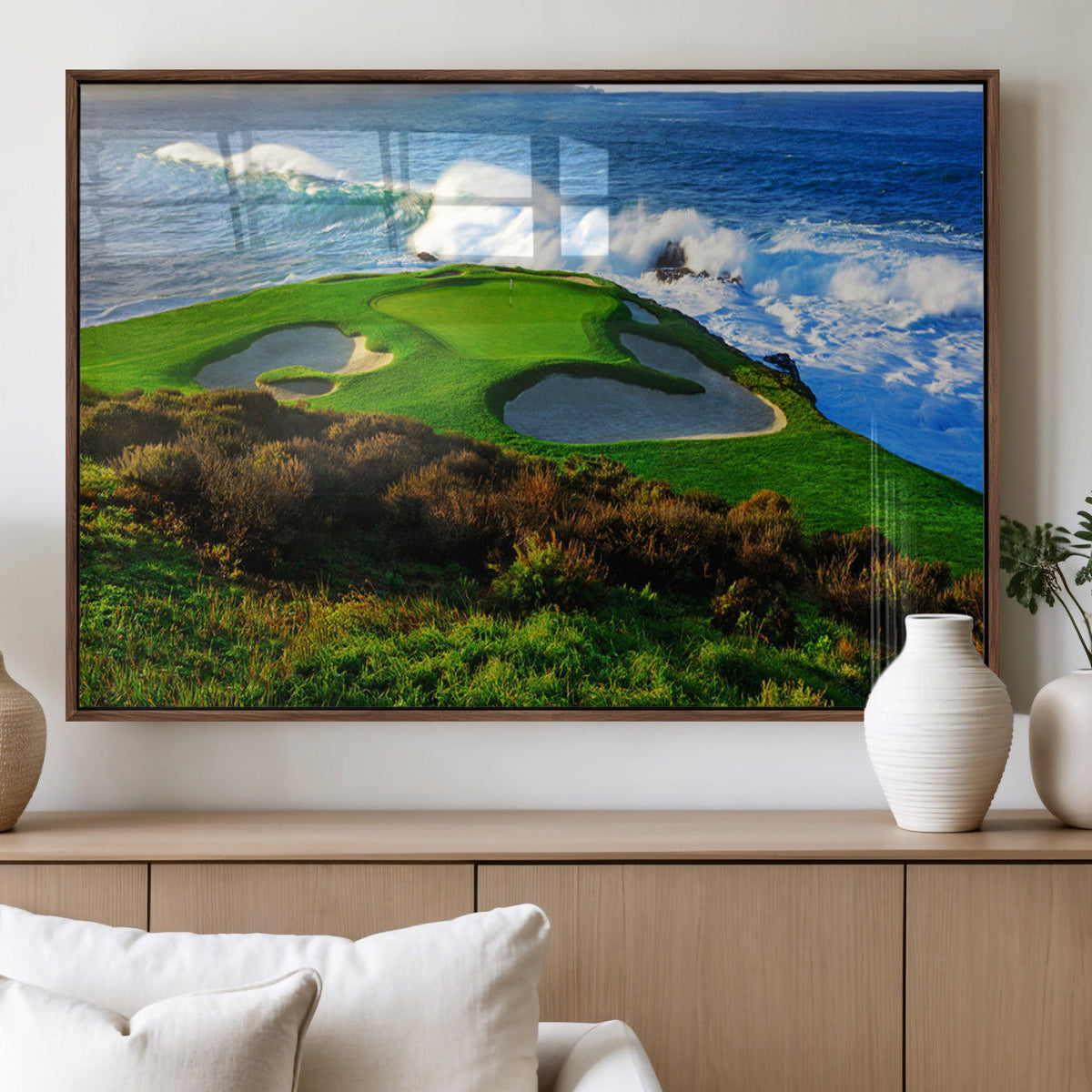 Coastal Golf Course Wall Art Canvas Print, Vibrant Green with Sand Bunkers and Ocean Waves