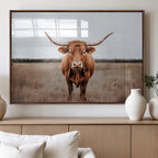 Longhorn Bull Wall Art Canvas Print, Framed Rustic Decor
