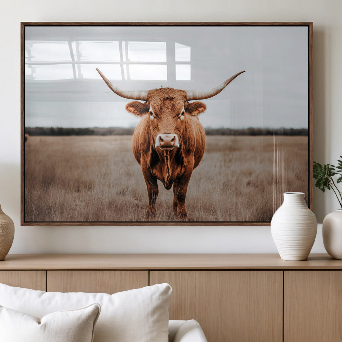 Longhorn Bull Wall Art Canvas Print, Framed Rustic Decor