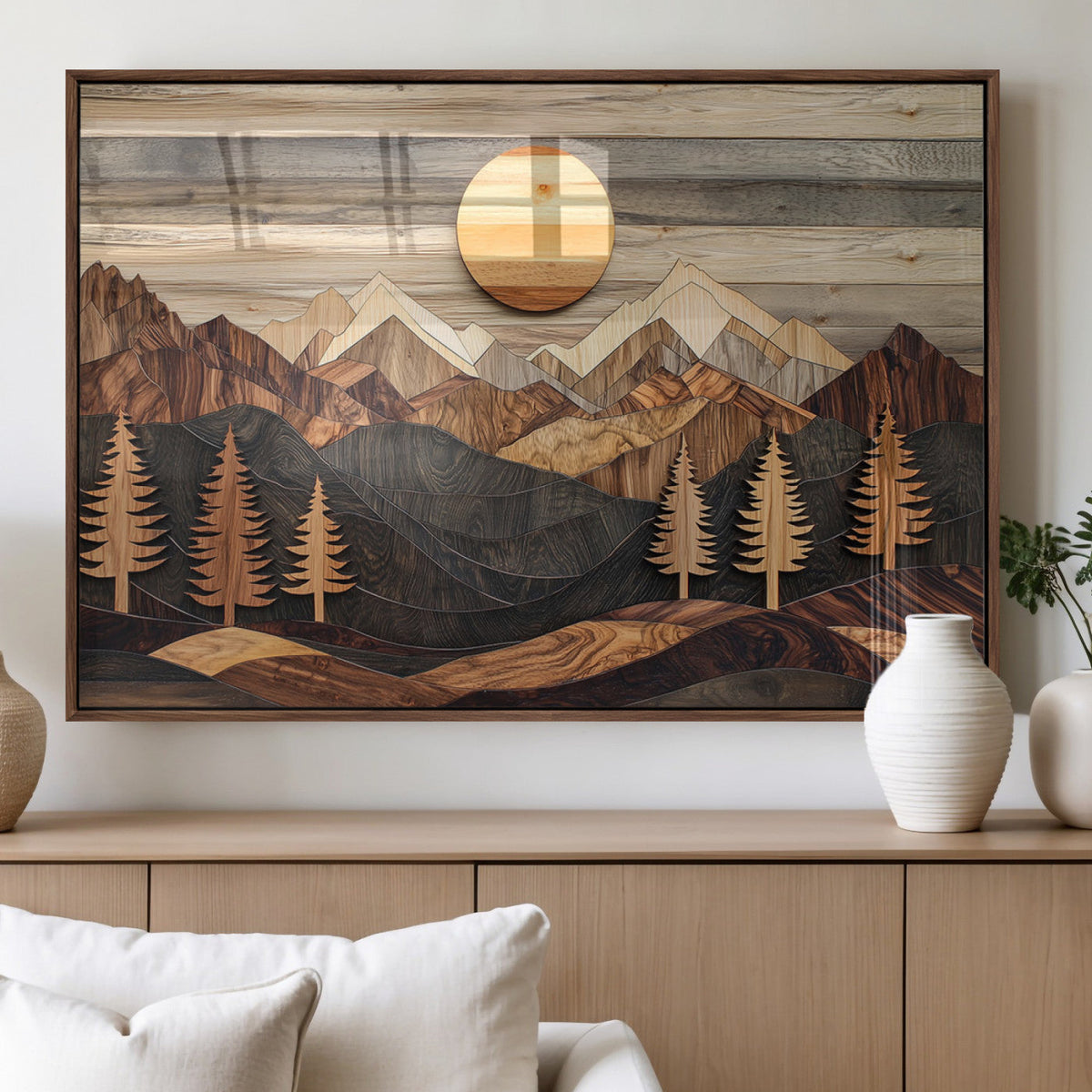 Wooden Mountain Layers Art | Rustic Pine Tree Landscape