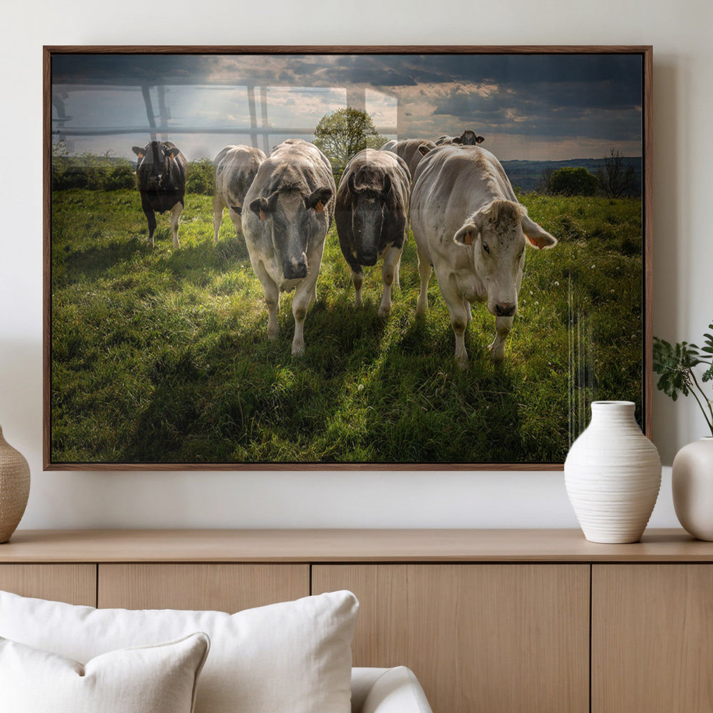Grazing Cattle Herd Wall Art Canvas Print, Framed Green Pasture Farm Scene