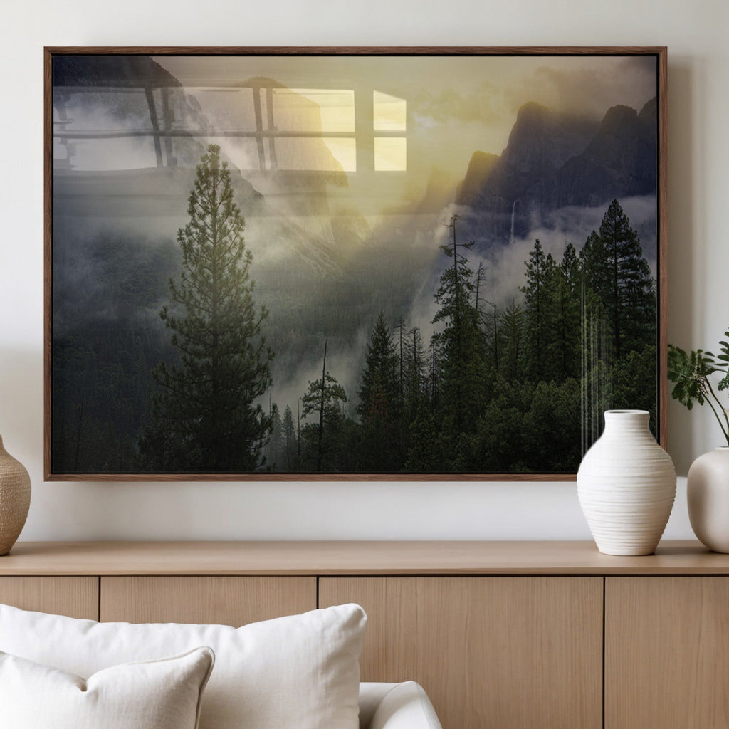 Misty Forest Sunrise Wall Art Canvas Print, Framed Mountain Valley Pine Trees