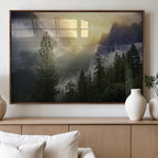 Misty Forest Sunrise Wall Art Canvas Print, Framed Mountain Valley Pine Trees