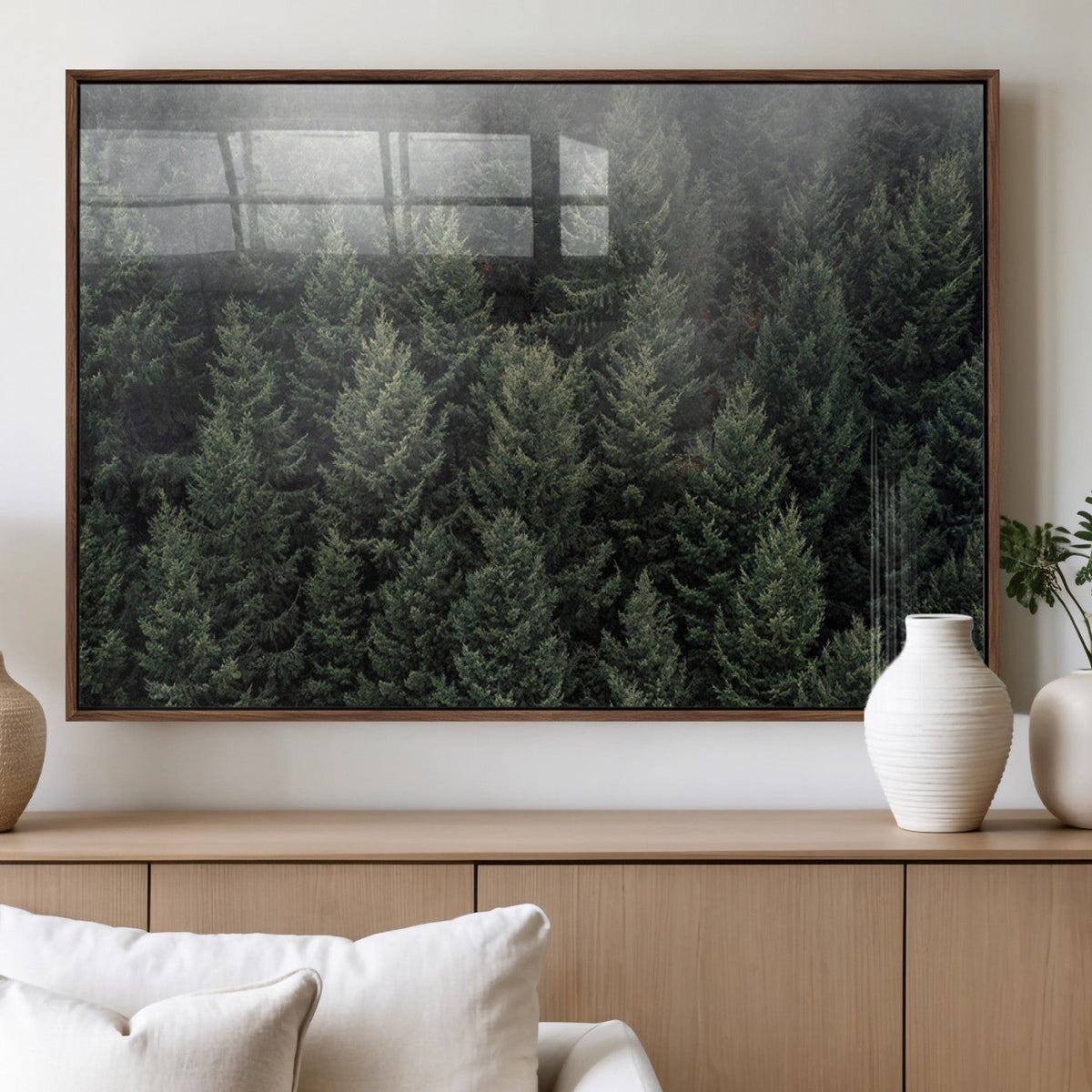 Misty Pine Forest Wall Art Canvas Print, Lush Green Trees Surrounded by Gentle Fog