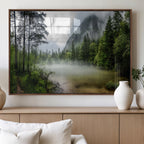 Misty Lake Forest Wall Art, Green Trees and Calm Water Reflection, Mountain Fog Landscape Canvas