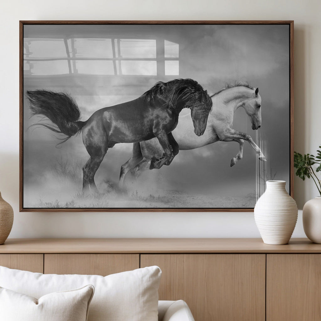 Wild Horses Wall Art Canvas Print, Framed Black and White Galloping Horses