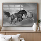 Wild Horses Wall Art Canvas Print, Framed Black and White Galloping Horses