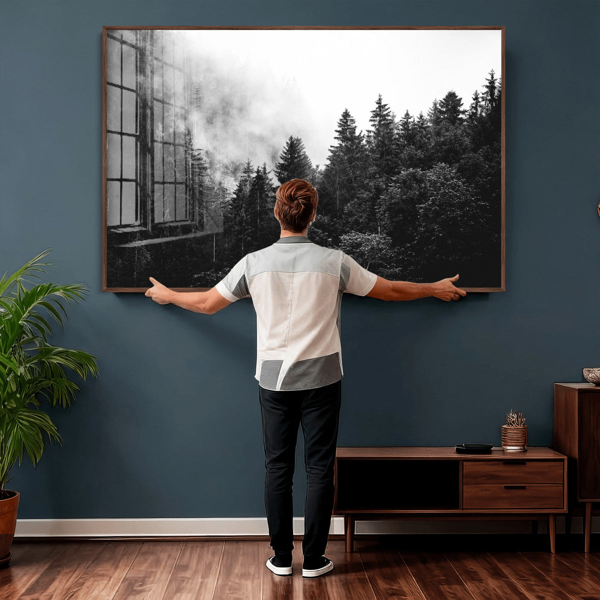 Black White Forest Wall Art Canvas Print, Misty Pine Tree Landscape