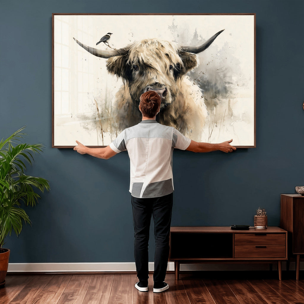 Abstract Highland Cow Wall Art Canvas Print, Rustic Farm Cattle Portrait