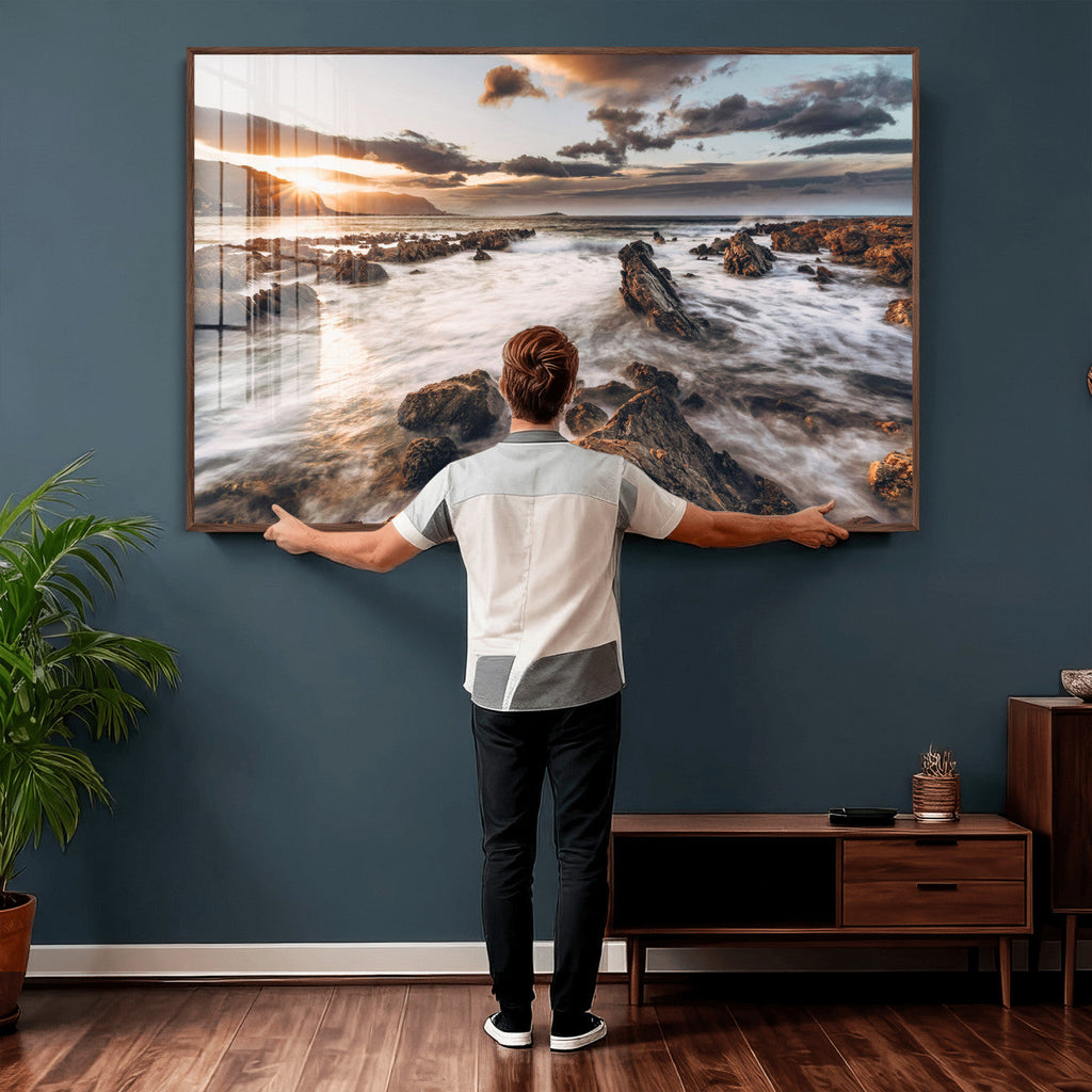 Rocky Coast Ocean Sunset Wall Art Canvas Print, Dramatic Seascape Nature Decor