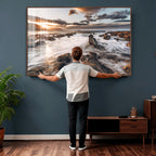 Rocky Coast Ocean Sunset Wall Art Canvas Print, Dramatic Seascape Nature Decor