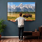Bison in Mountain Landscape Wall Art Canvas Print, Western Decor