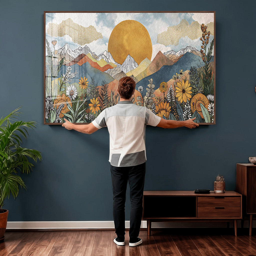 Boho Mountain Landscape Large Wall Art, Horizontal Gold Sun and Flowers Print
