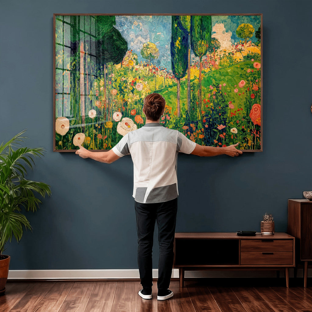 Gustav Klimt Boho Mountain Landscape Large Wall Art, Gold Sun and Flowers Print