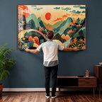 Yayoi Kusama Boho Mountain Landscape Large Wall Art, Gold Sun and Flowers Print