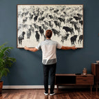 Longhorn Cattle Canvas Wall Art, Black White Stampede Ink