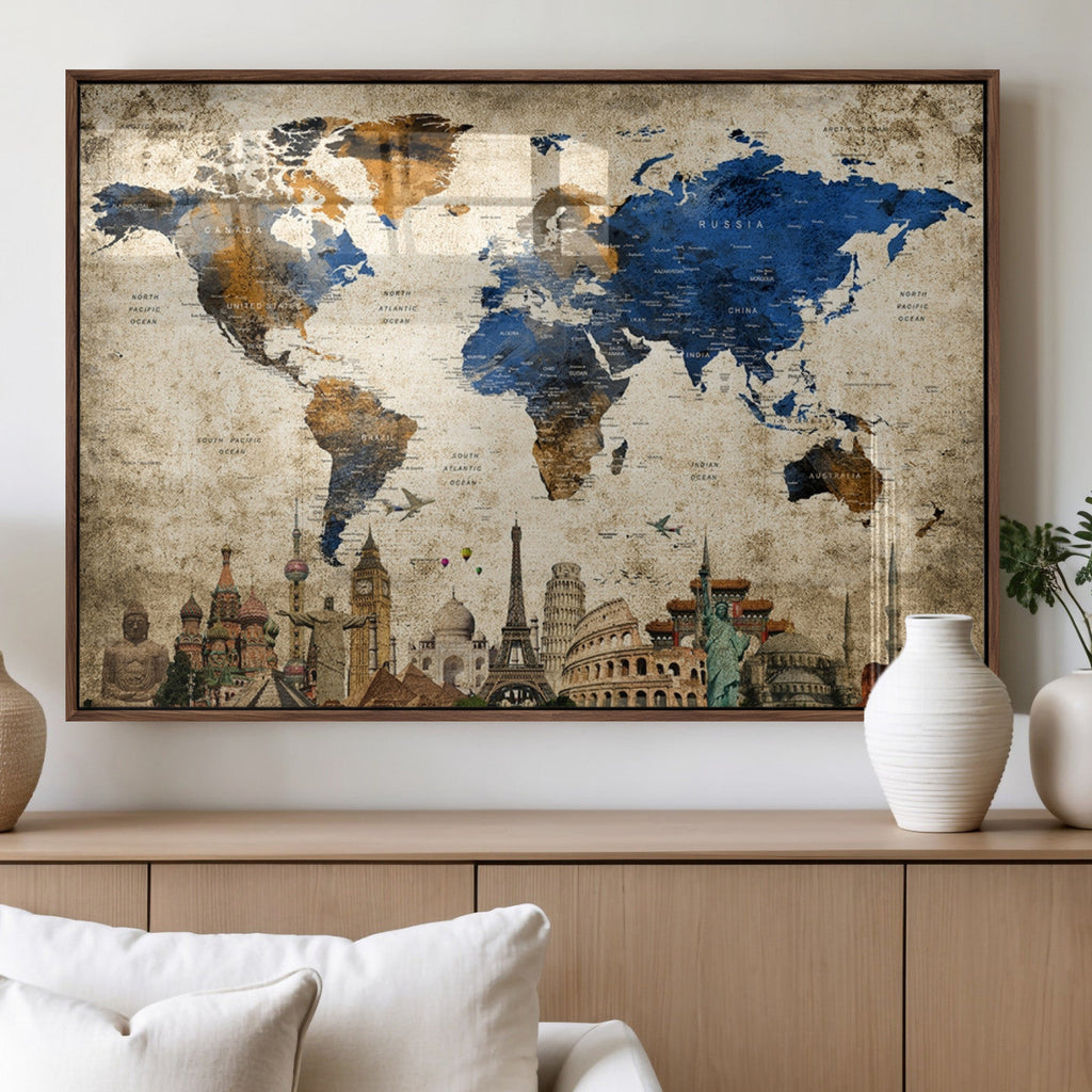 World Map Canvas Print | Vintage Blue and Gold World Map Wall Art
