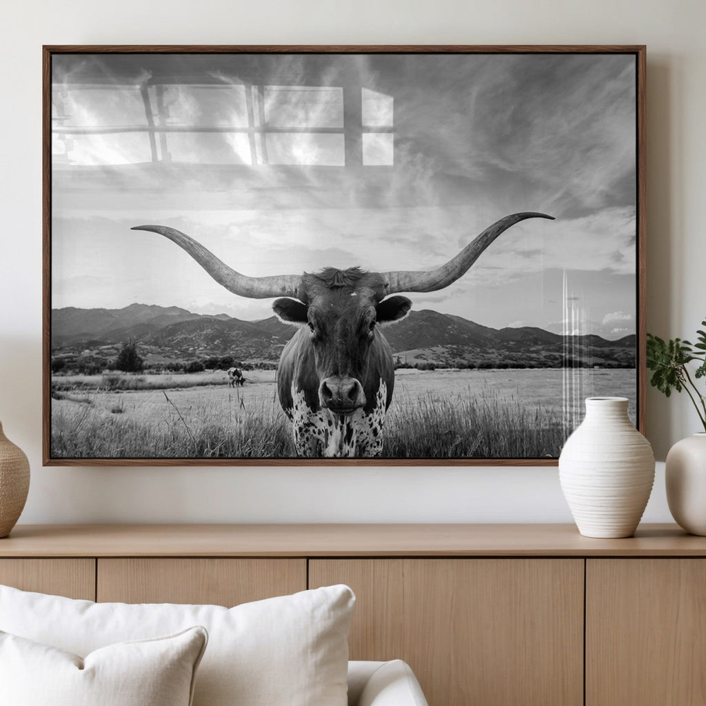 Longhorn Black and White Wall Art | Rustic Western Bull Canvas Print