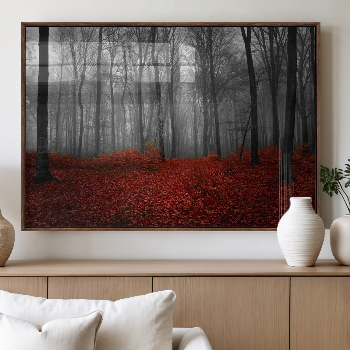 Red Forest Floor Canvas Wall Art | Mystical Foggy Woodland Triptych