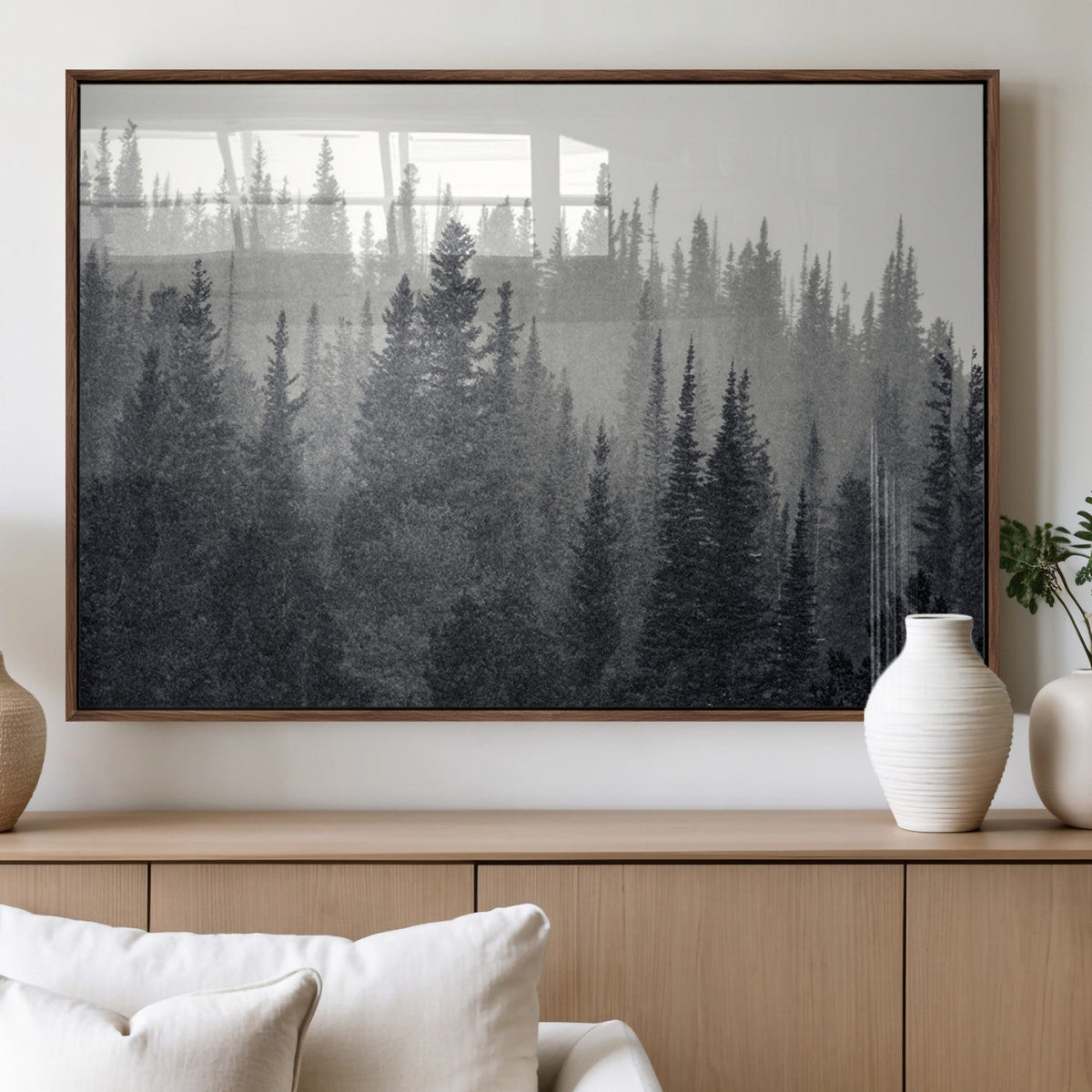 Misty Forest Canvas Wall Art | Monochrome Triptych Pine Tree Print