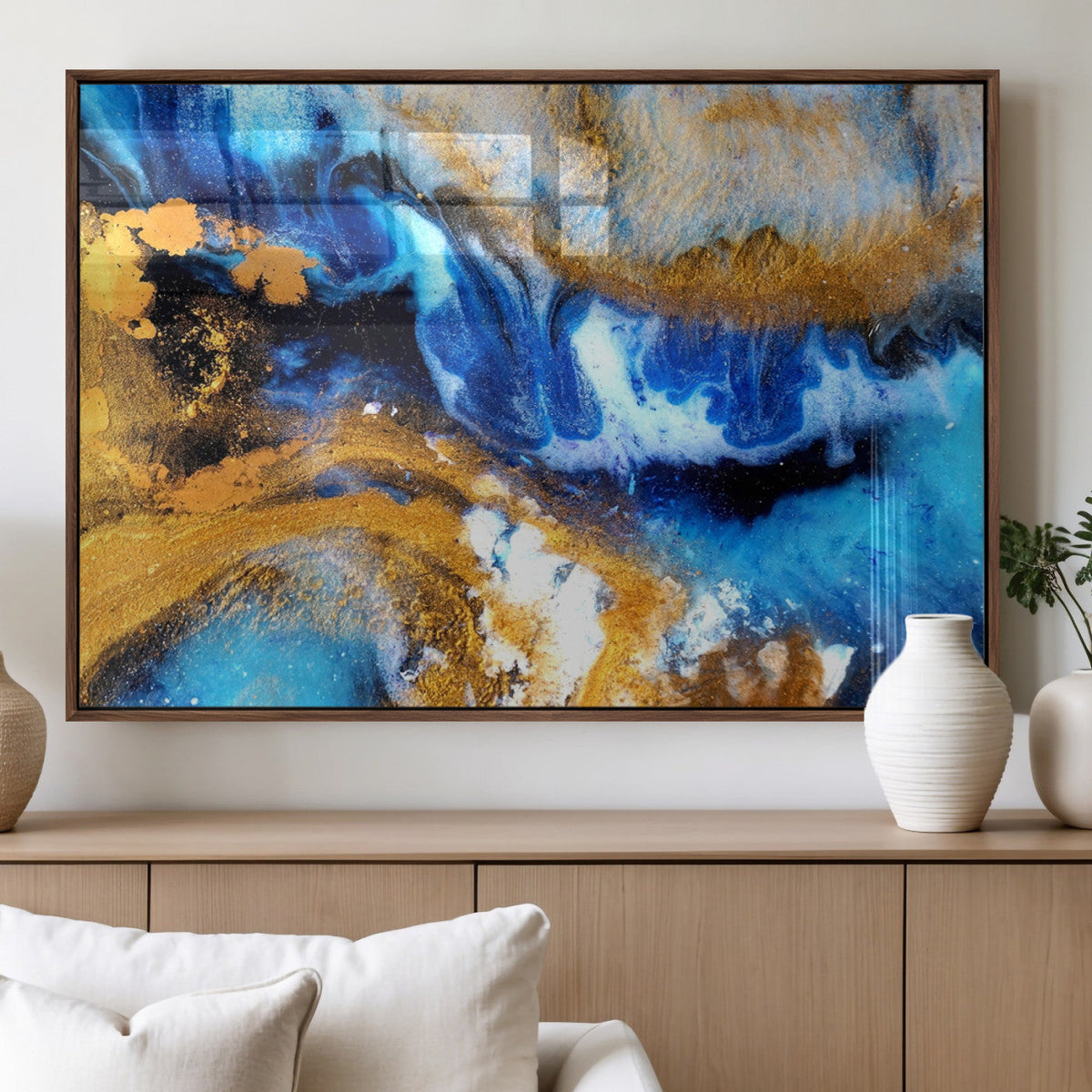 Blue Orange Marble Fluid Effect Canvas Wall Art Print