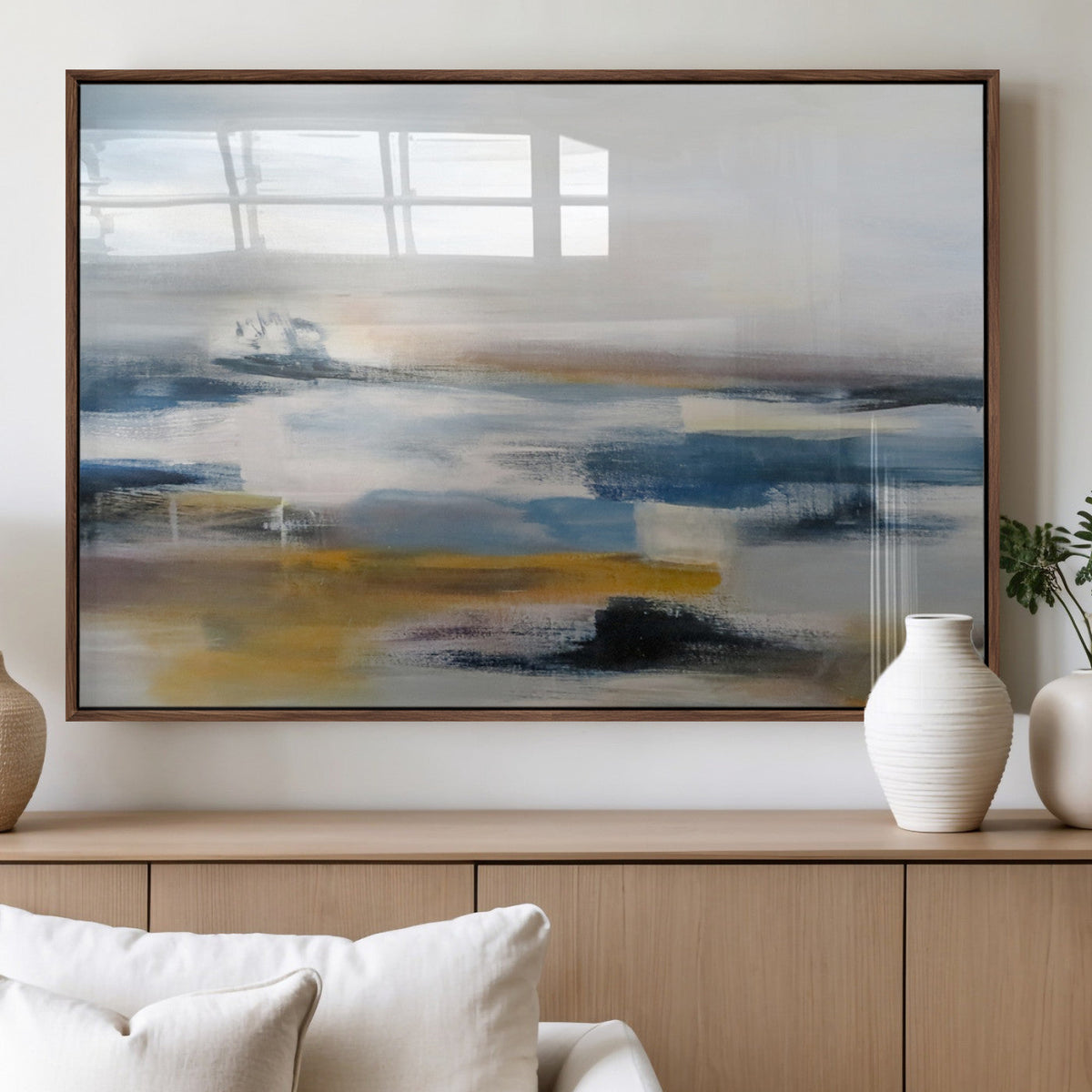 Abstract Landscape Wall Art Canvas | 3 Panel Modern Blue, Gold and White Canvas Art