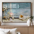 Seashells on Rustic Wooden Background, Seashells Wall Art