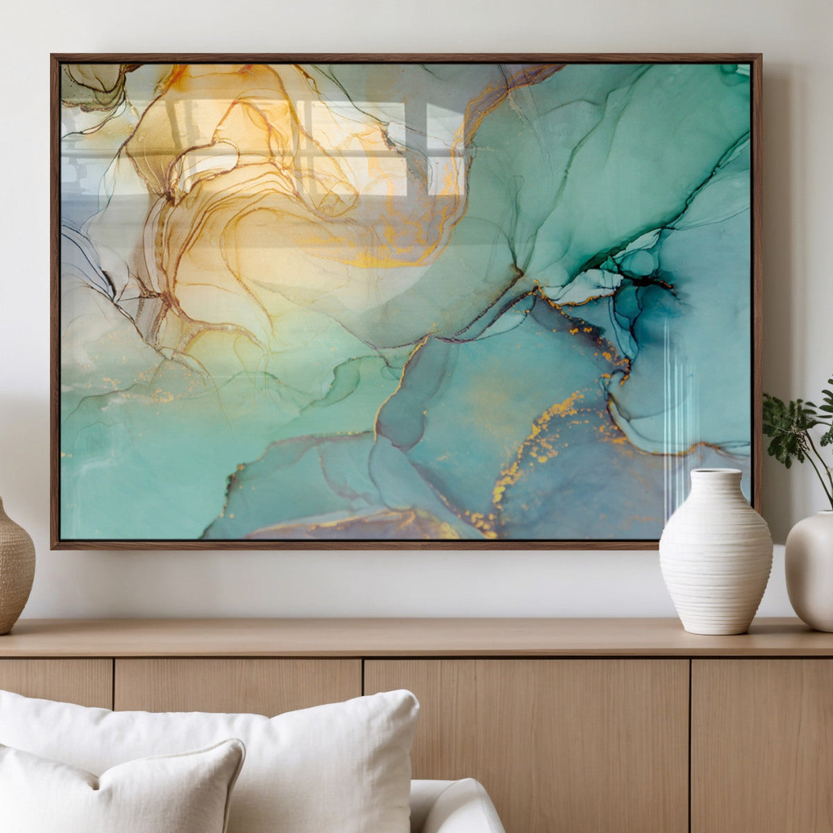 Abstract Aqua and Gold Fluid Wall Art Canvas | 3 Panel Large Canvas Print