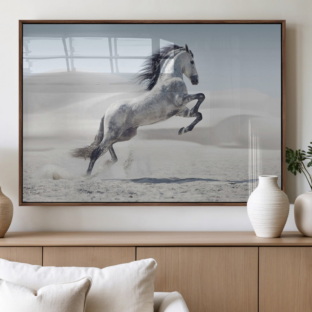 Prancing Horse Desert Large Wall Art Canvas Print, Majestic Horse Animal Artwork