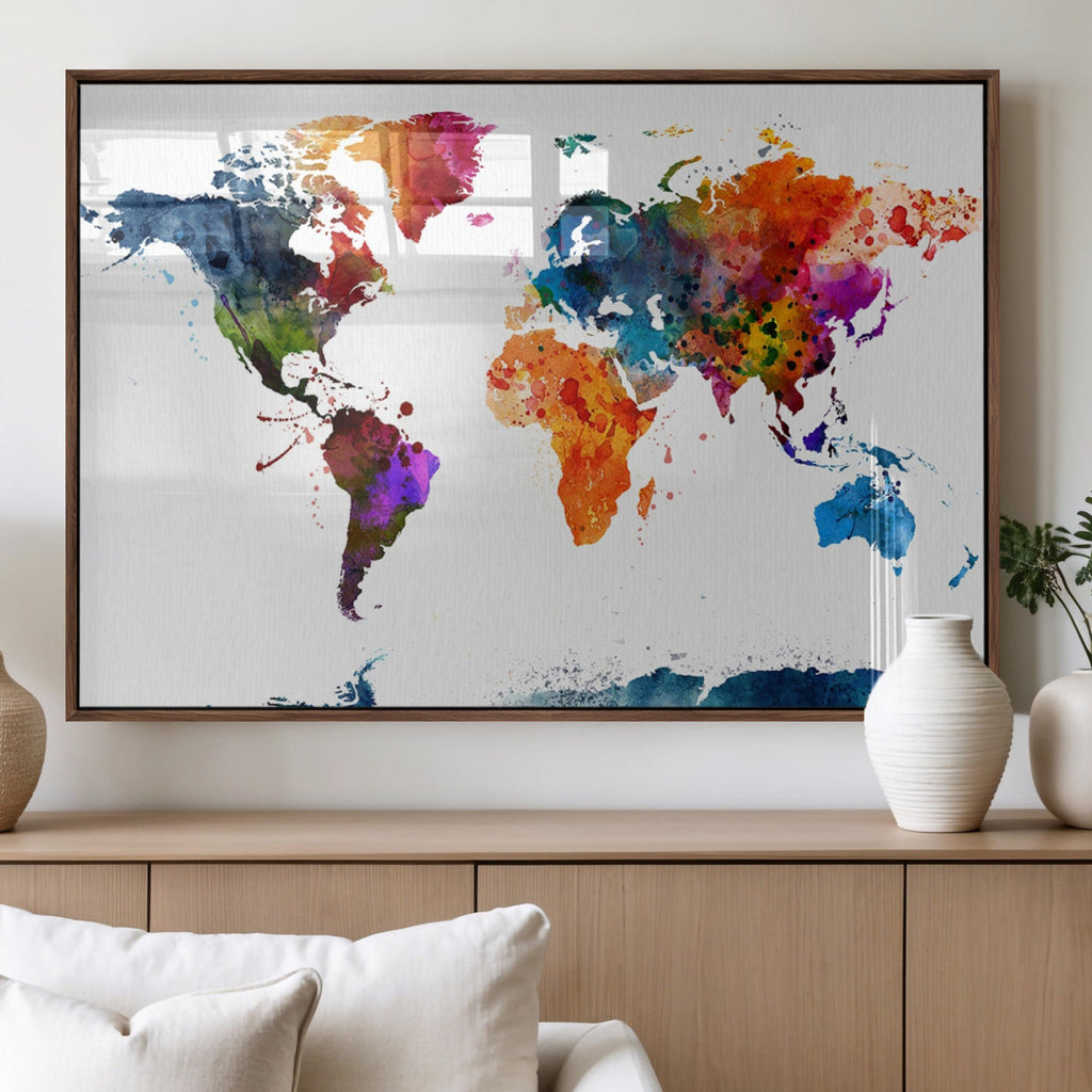 Bold Colorful World Map Canvas Print | Detailed Map of the World Wall Art