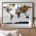 Modern Abstract World Map Canvas Wall Art | Framed Blue and Gold Map Print