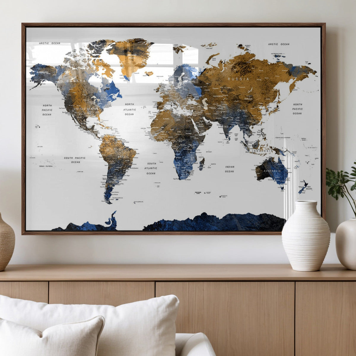 Modern Abstract World Map Canvas Wall Art | Framed Blue and Gold Map Print