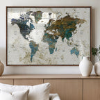 Vintage World Map Wall Art Canvas Print, Framed Rustic Earth Tone Map