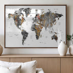 Modern Metallic World Map Canvas Wall Art | Framed Contemporary World Map Print