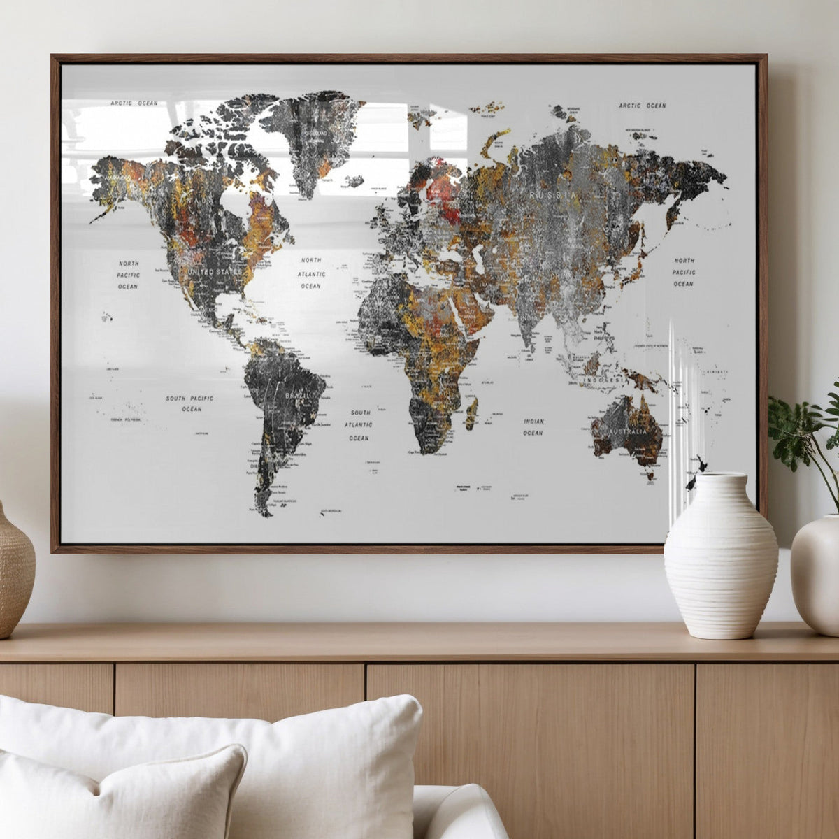 Modern Metallic World Map Canvas Wall Art | Framed Contemporary World Map Print