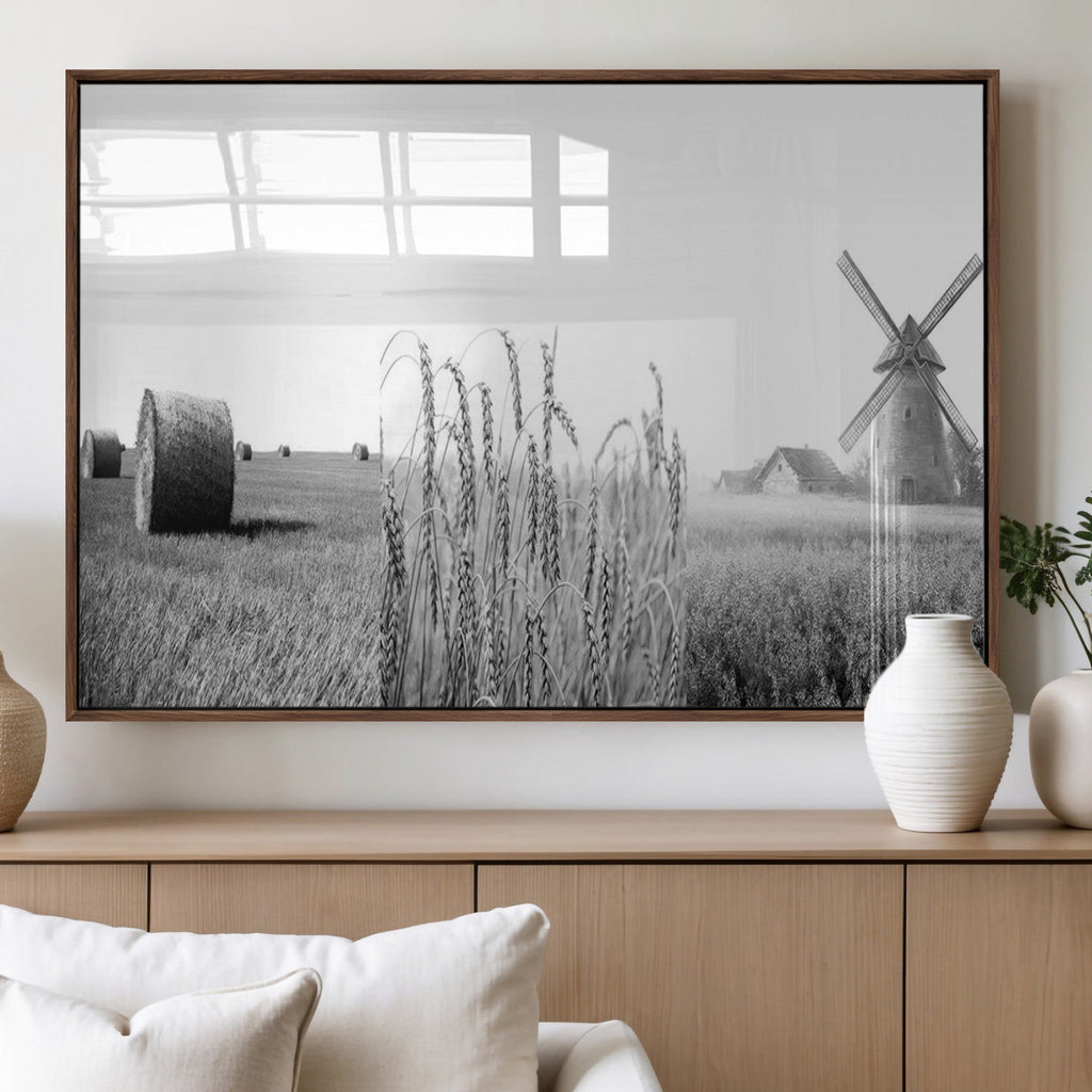 Vintage Farmhouse Black and White Triptych Wall Art, Giclee Canvas with Wheat Fields, Hay Bales and Windmill