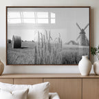 Vintage Farmhouse Black and White Triptych Wall Art, Giclee Canvas with Wheat Fields, Hay Bales and Windmill